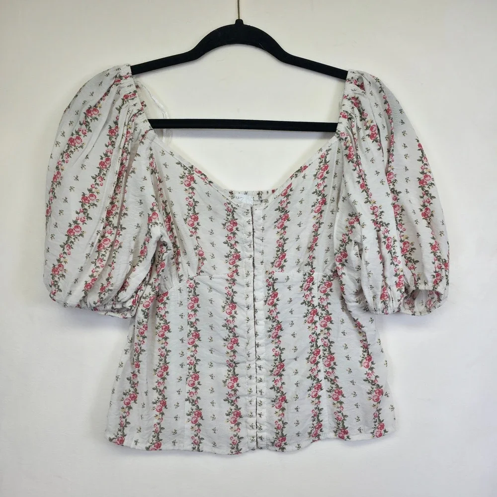 Sienna Sky‎ Blouse Womens L White Floral Smocked Cottagecore Fairycore Romantic - Picture 12 of 14